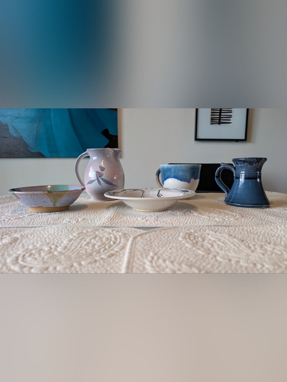 Assorted Ceramic Bowls, Pitcher and mug Lot - Blue and Cream Accents